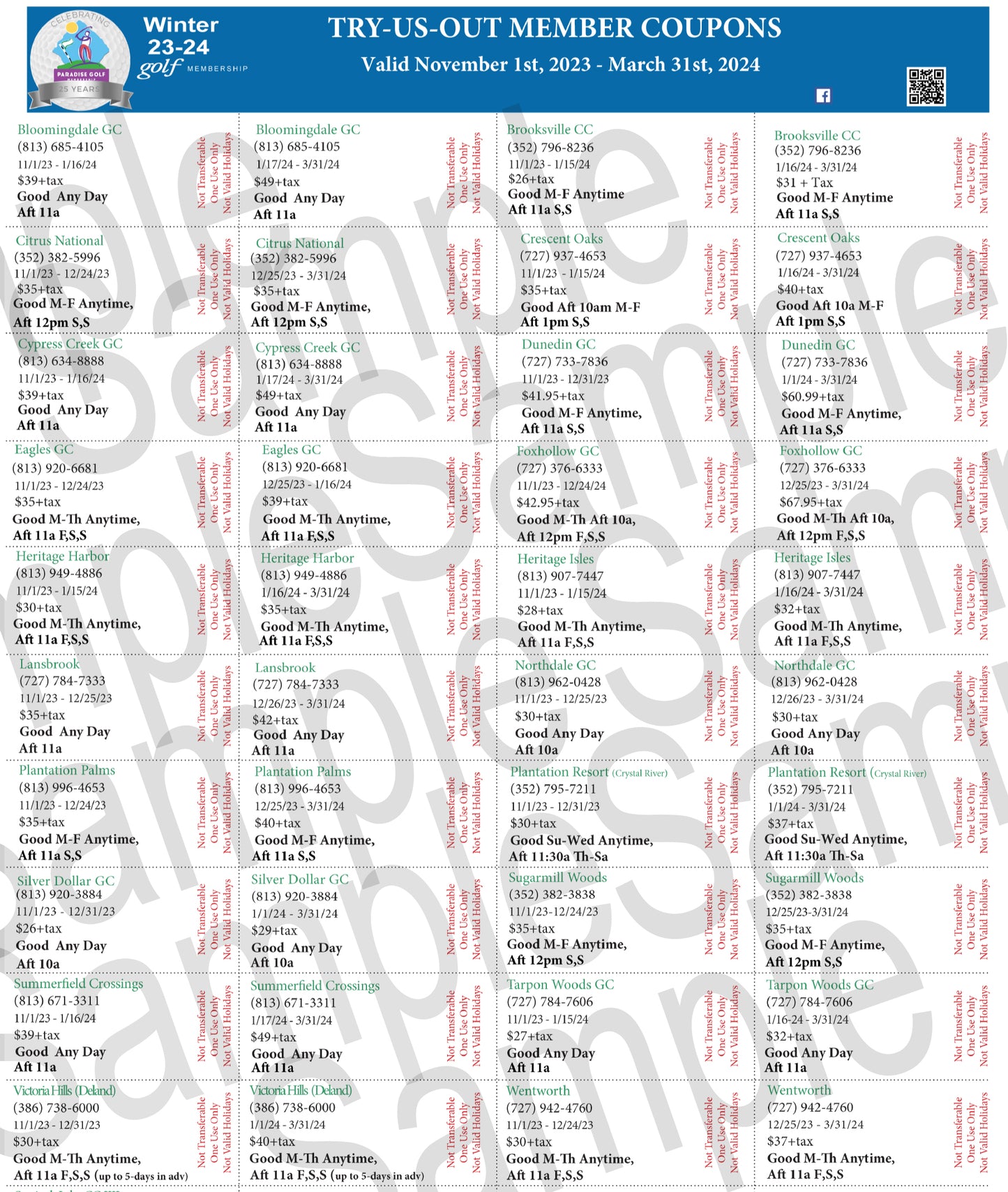 Paradise Winter 2023-2024 Card Valid Nov 1-March 31 ($122+Tax,S&H)